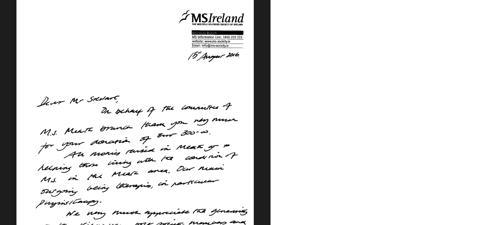 Letter of thanks from MS Ireland.